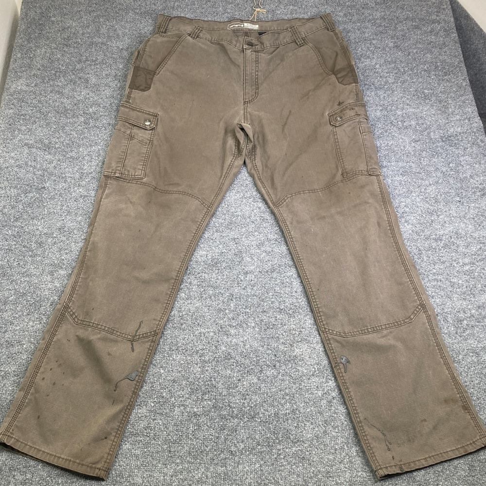 Carhartt Mens Relaxed Fit Cargo Pants Brown Ripstop Work Trousers 40x34 Stain